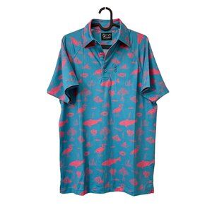 Pesca Fly Fishing Blue Pink Print Short Sleeve Polo Shirt Zip Pocket Mens Small